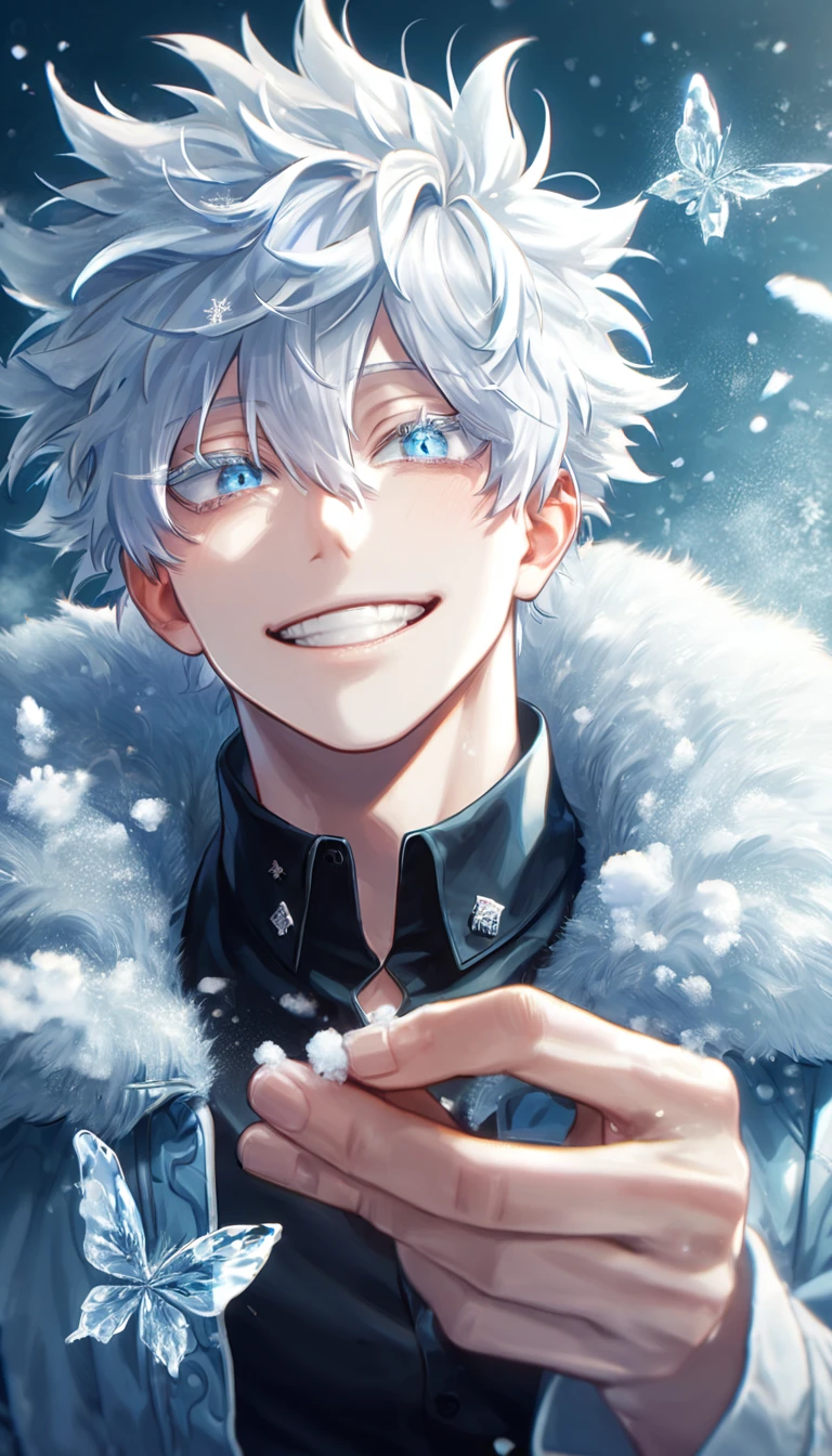 absurdres, highres, ultra detailed, HDR, master piece, best quality, extremely detailed face, delicated features, Gojou Satoru, white hair, messy hair, hair between the eyes, expressive blue eyes, white eyelashes, Boku No Hero Academia, solo, sexy man, handsome, smiling, light-blue jacket with fur, black shirt, black pants, white boots, fantasy, magical, ice, snow, ice butterflies, snowflakes, ice flowers, ice background 