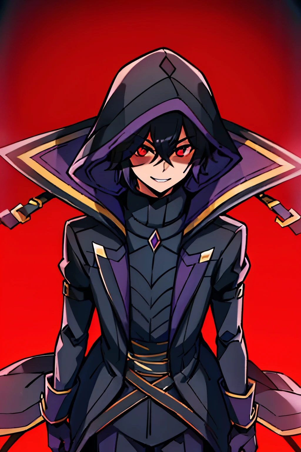 absurdres, (best qualityer), (Masterpiece artwork),(ultra detali:1.2),(photorrealistic:1.1),ultra high resolution,1boy, Bblack hair,hooded cloak,独奏,hooded cloak levantado,Eyes red,hair between the eyes,shorth hair,black gloves,layer,long sleeves,trench coat, intricate detailed background,cinematic lighting, natta,red moon, dark theme,