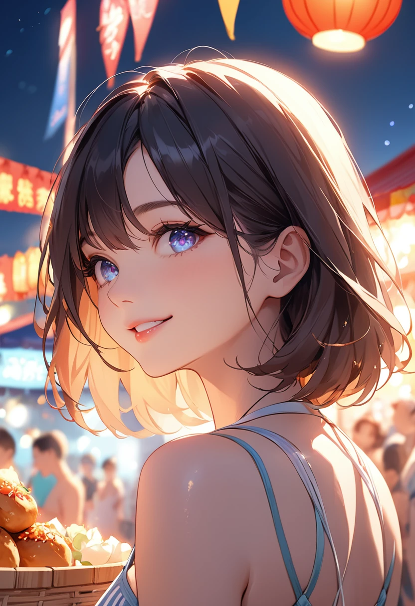 (masterpiece:1.5),(Beat quality),(high res),1girl solo,beautiful face,smile(shining eyes),upper body,light effects,swimwear women,Night summer festival food stalls