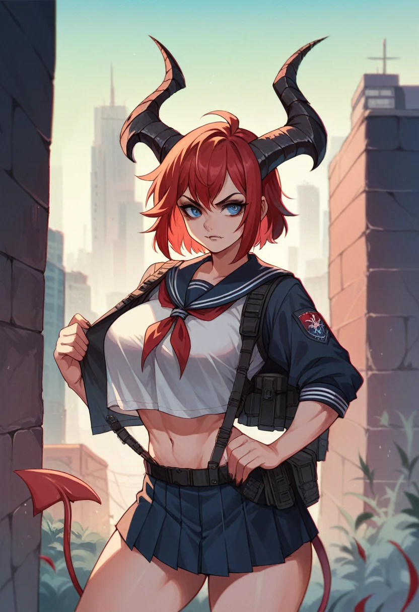 (((masterpiece))), emo girl, athletic build, demon horns, school sailor uniform, large breasts, tactical vest and gear, oversized tactical cleaver, wild red hair, blue eyes, cityscape background, chromatic aberration