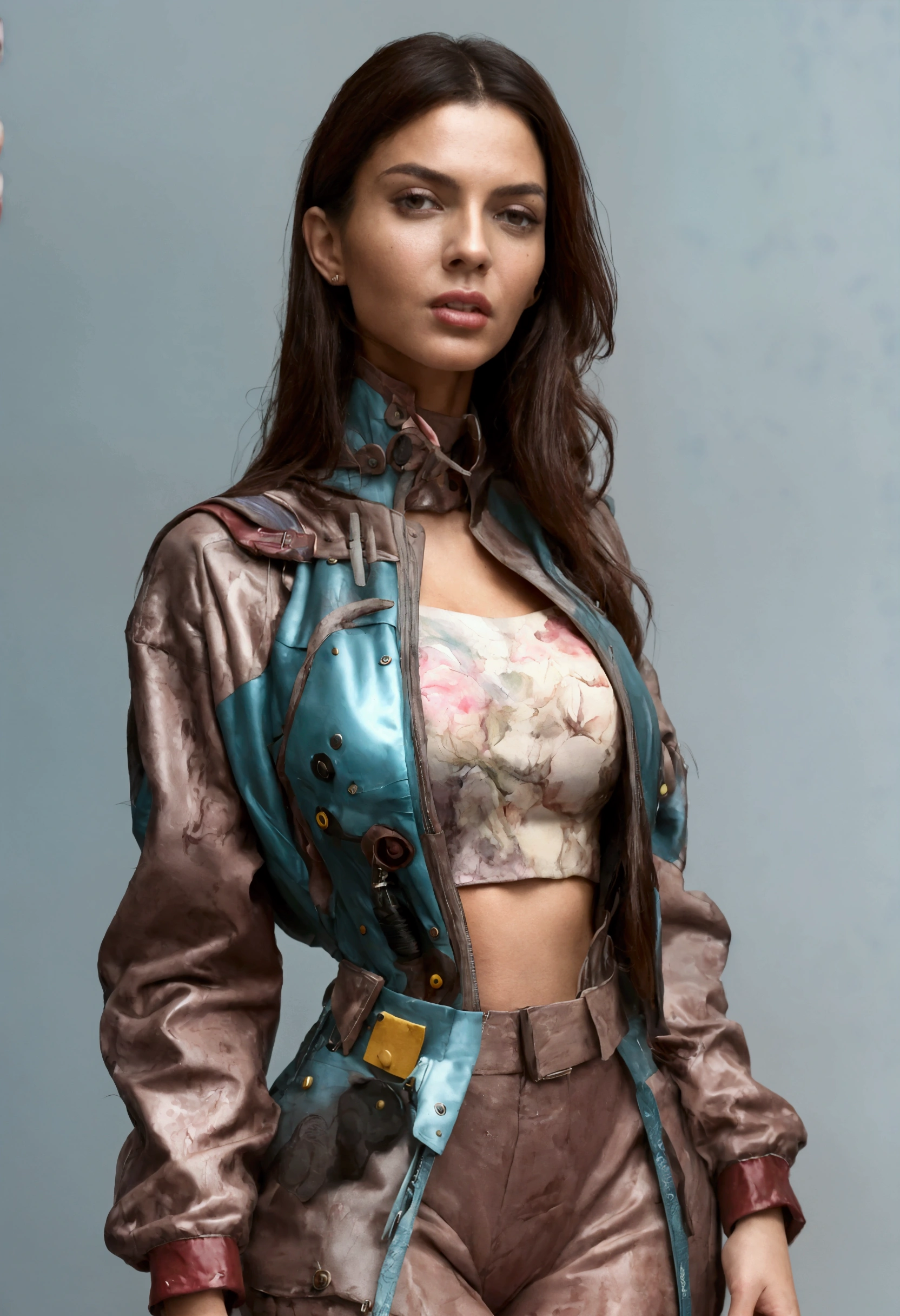 A masterpiece, Sticker of a beautiful Brazilian woman from the Marvel universe, elegant dress Gucci Balenciaga Versace Armani alternative outfit, jacket, pullover, long skirt, Whole body, Freedom, alma, digital illustration, comiс style, cyberpunk, Perfect anatomy, centered, nearing perfection, dynamic, Highly detailed, watercolor painting, artstation, Conceptual art, Suave, sharp focus, illustration, Carne art Griffiths and Wadim Kashin, only one, Award-winning, masterpiece