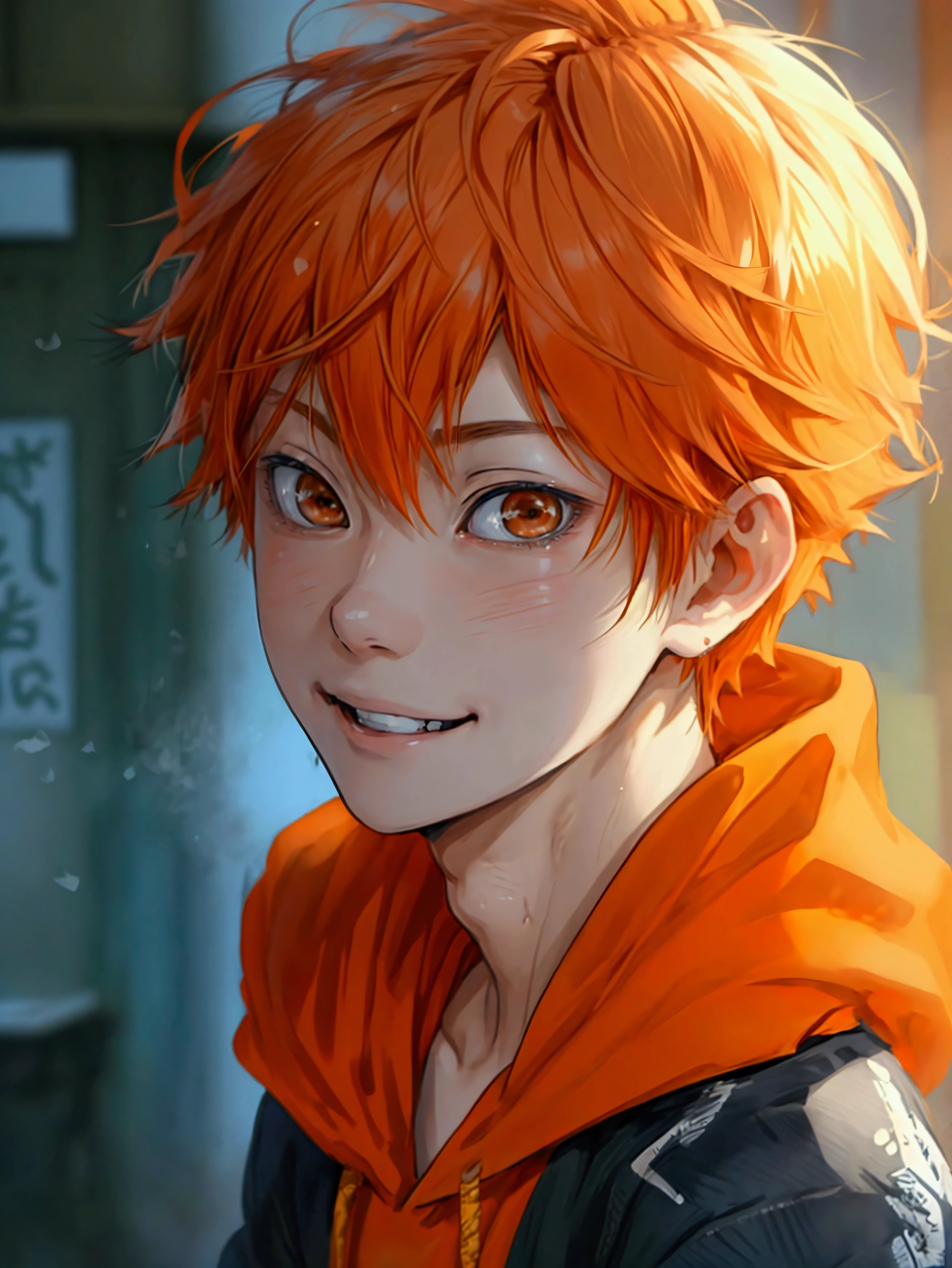 (Very realistic、concentrated、High resolution、Detailed face、Detailed Hair、Fine particles)、Official Art、Hinata Shoyang、 wallpaper、((1 boy))、Bright orange short hair、Light brown eyes、smile、Photographed from the front、明るいsmile、Orange Hair Color、日本のanime スタイル、anime 、Orange hoodie、gym、