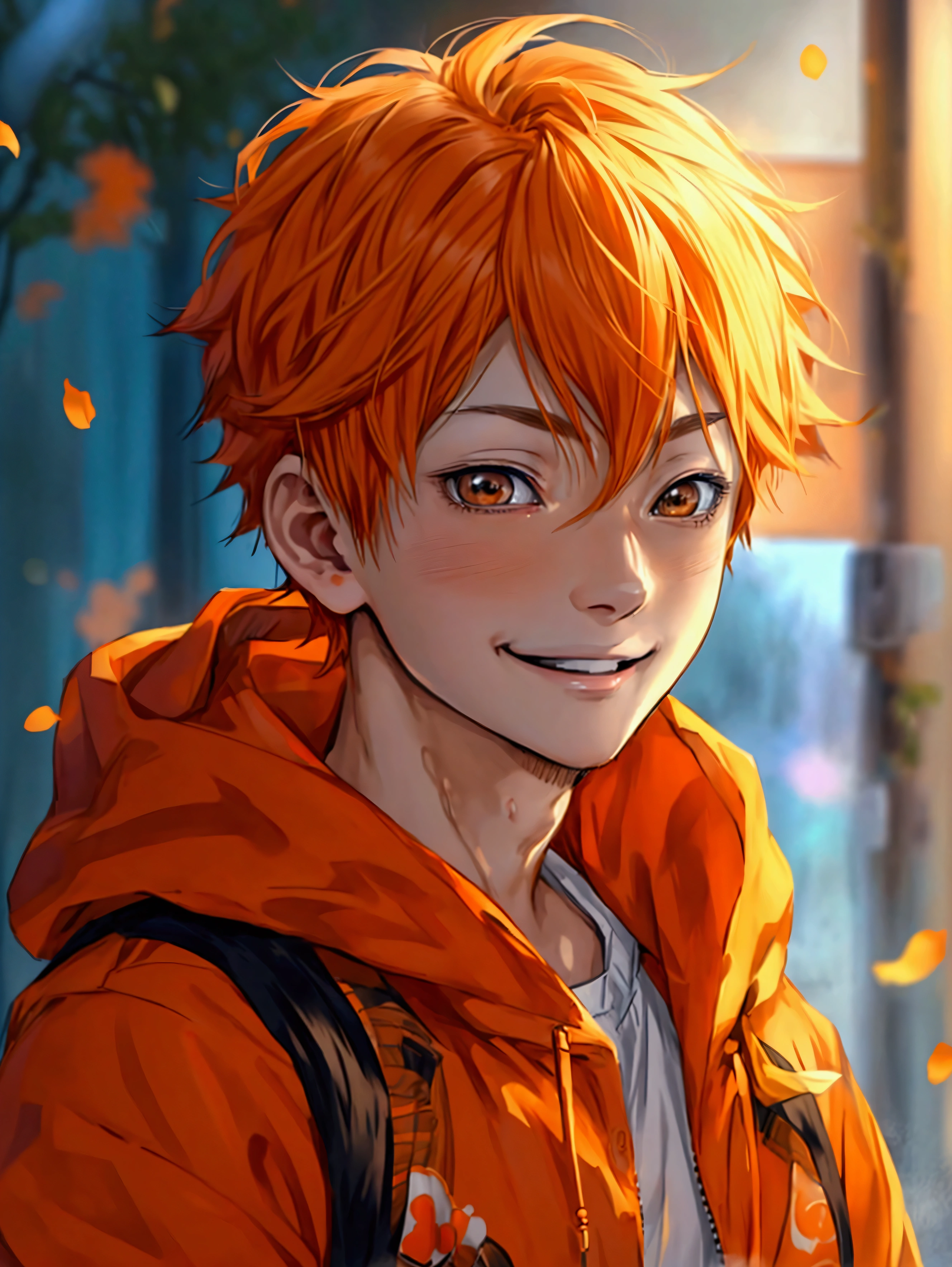 (Very realistic、concentrated、High resolution、Detailed face、Detailed Hair、Fine particles)、Official Art、Hinata Shoyang、 wallpaper、((1 boy))、Bright orange short hair、Light brown eyes、smile、Photographed from the front、明るいsmile、Orange Hair Color、日本のanime スタイル、anime 、Orange hoodie、gym、