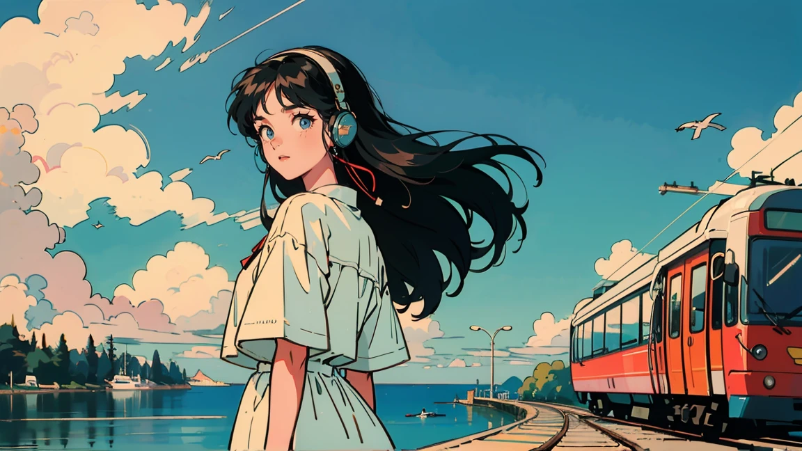 A coastal railway scene with a green and yellow tram stopped at a crossing. Blue sea and sky with white clouds in the background. In the foreground, a 21-year-old girl with long hair in 1980s style, wearing white clothes that beautifully contrast with the blue sky. She's wearing headphones and looking back towards the viewer, standing in front of the tram. The overall color palette has a retro, nostalgic feel.