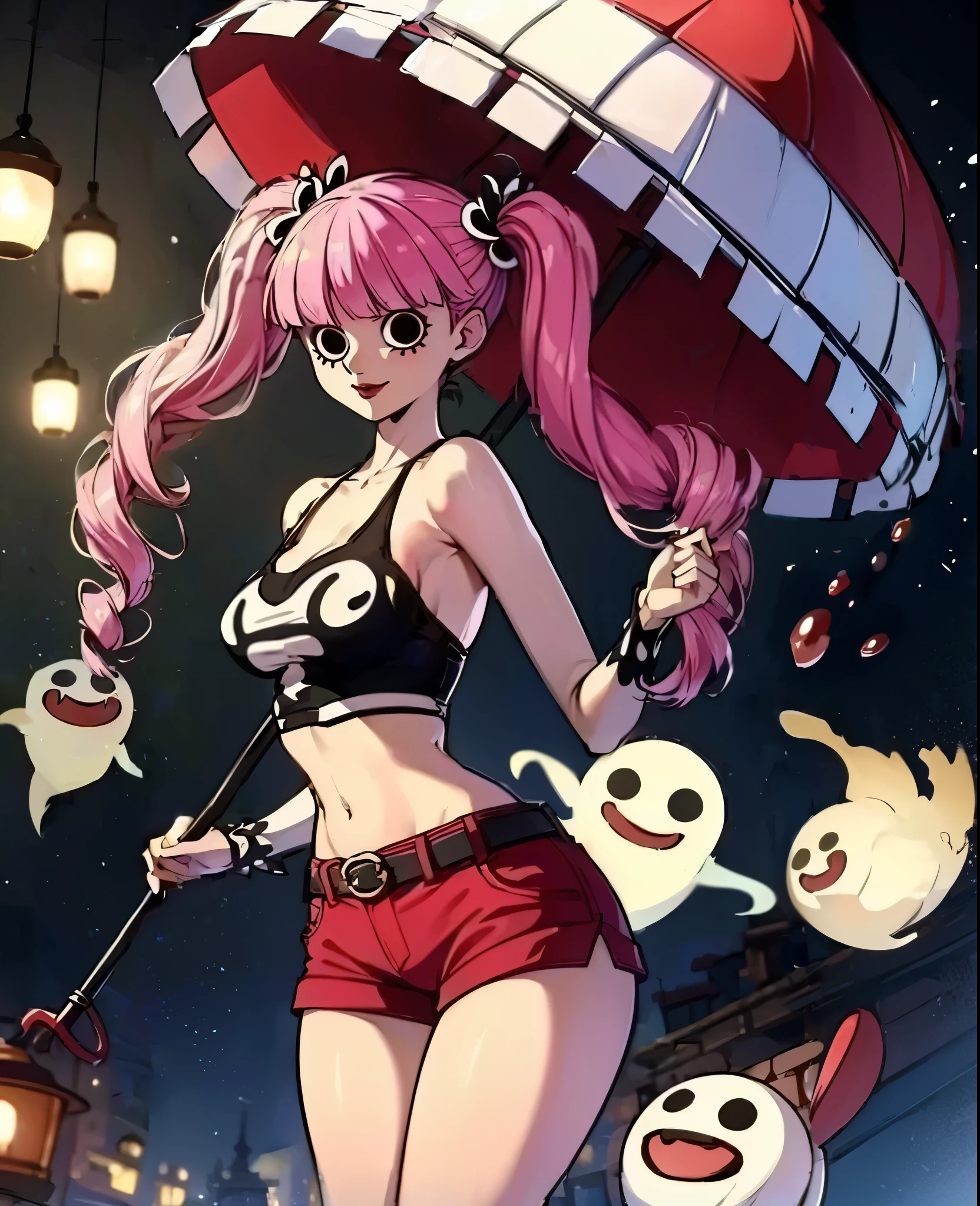 masterpiece, high res, beautiful art, professional artist, 8k , Ultra detailed backgrounds, Delicate pattern, Intricate High Details, highly detailed, finedetail, Best quality, Beautiful lighting, small breasts, lean girl, Very thin girl, Perona, 1girl, solo, circle-shaped eyes, black eyes, red lips, red boots, midriff, twintails, twin drills, pink hair, black shorts with red belt, black tank top, perfect antomy, black and white striped golf, standing cross-legged, castle background bottom right, an vintage lantern stands on the left in the background, one hand hold an umbrella, Perona hold umbrella