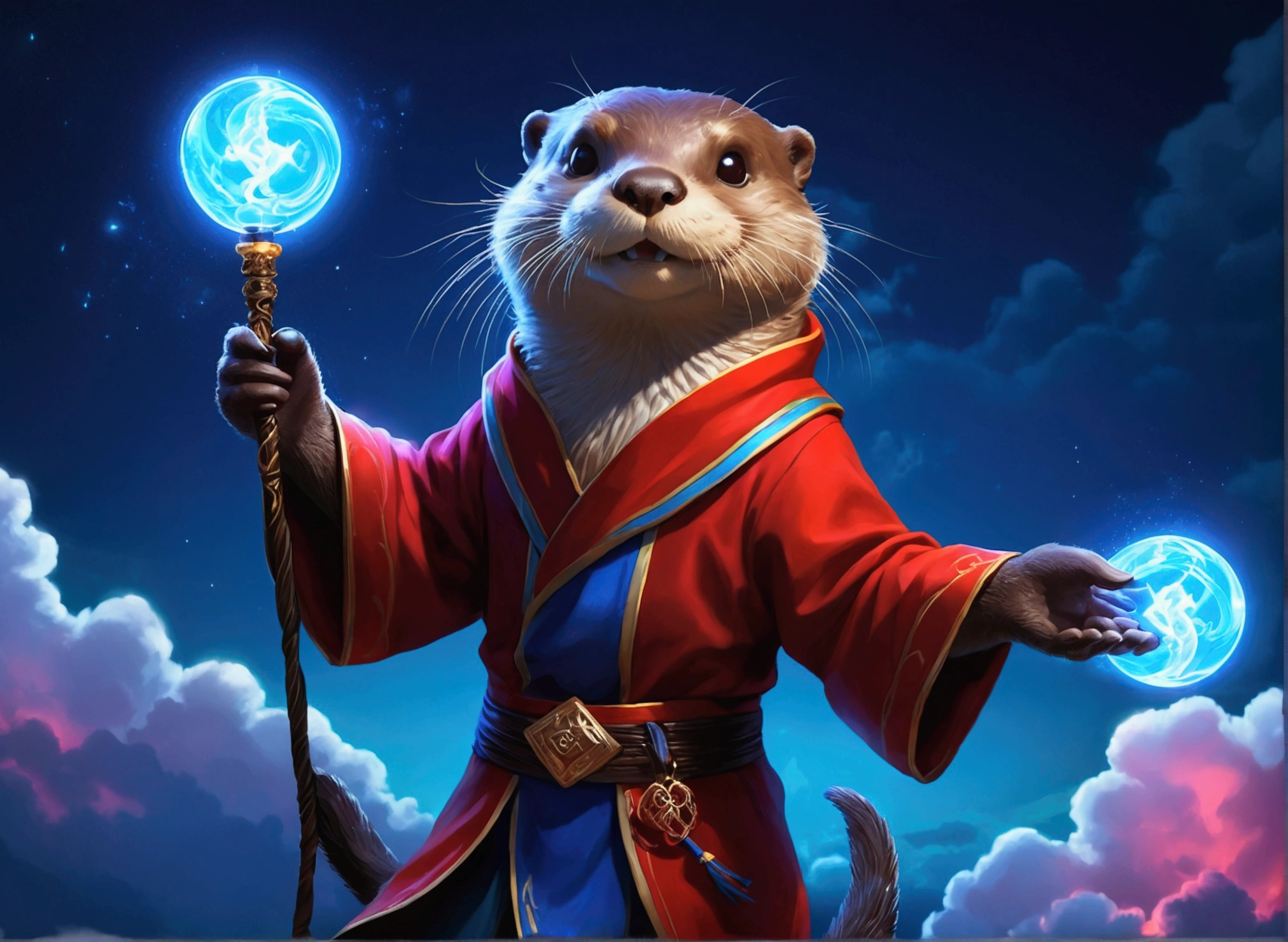 otter otter, Neon lights, 魔mage, Lively, Smile, mage, 魔mage服裝, Treacherous expression, Red light and shadow, blue light and shadow , dexterity, Superb magic, 偉大的魔mage , float, Divine Light, Flying cross-legged, White light aperture, On the cloud, clouds