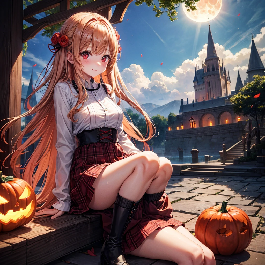 Red-blonde、Red eyes、One cute girl、solo、And soul、Light clothing、Checked mini skirt、petal、Wet hair、Sit on、black t-shirts、large tree、cloud、full moon、monster castle、Lantern in the shape of a pumpkin、Hell&#39;s Gate、Craft Gatekeeper、barefoot、Stones are piled up、Teeth are visible、Secret Treasure、Wooden chair、Moss grows、Fortress City、water is gushing out、Lightning strikes、Tilting face