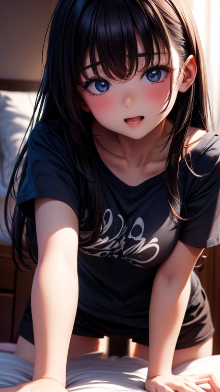 Dark-haired girl gets penetrated by dark-haired guy in bed. shirt. passion. 、((((Sex)))