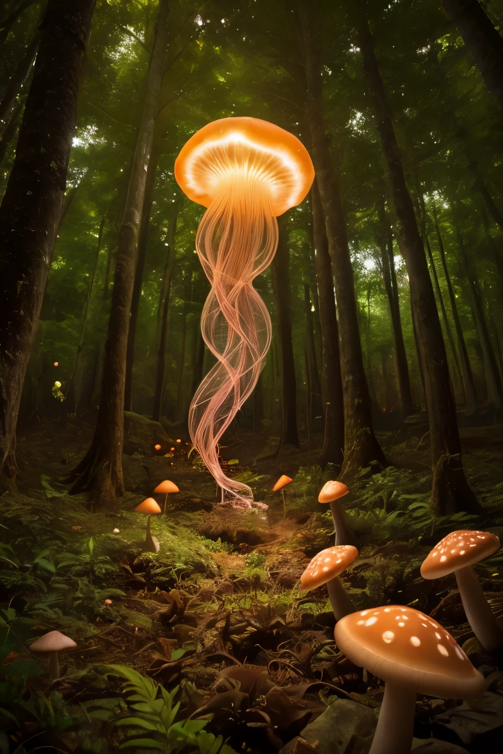 A jellyfish forest with mushrooms glowing in the dark, a forest fantasy in a nature scenery