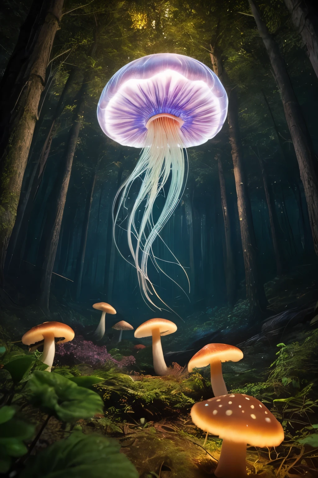 A jellyfish forest with mushrooms glowing in the dark, a forest fantasy in a nature scenery