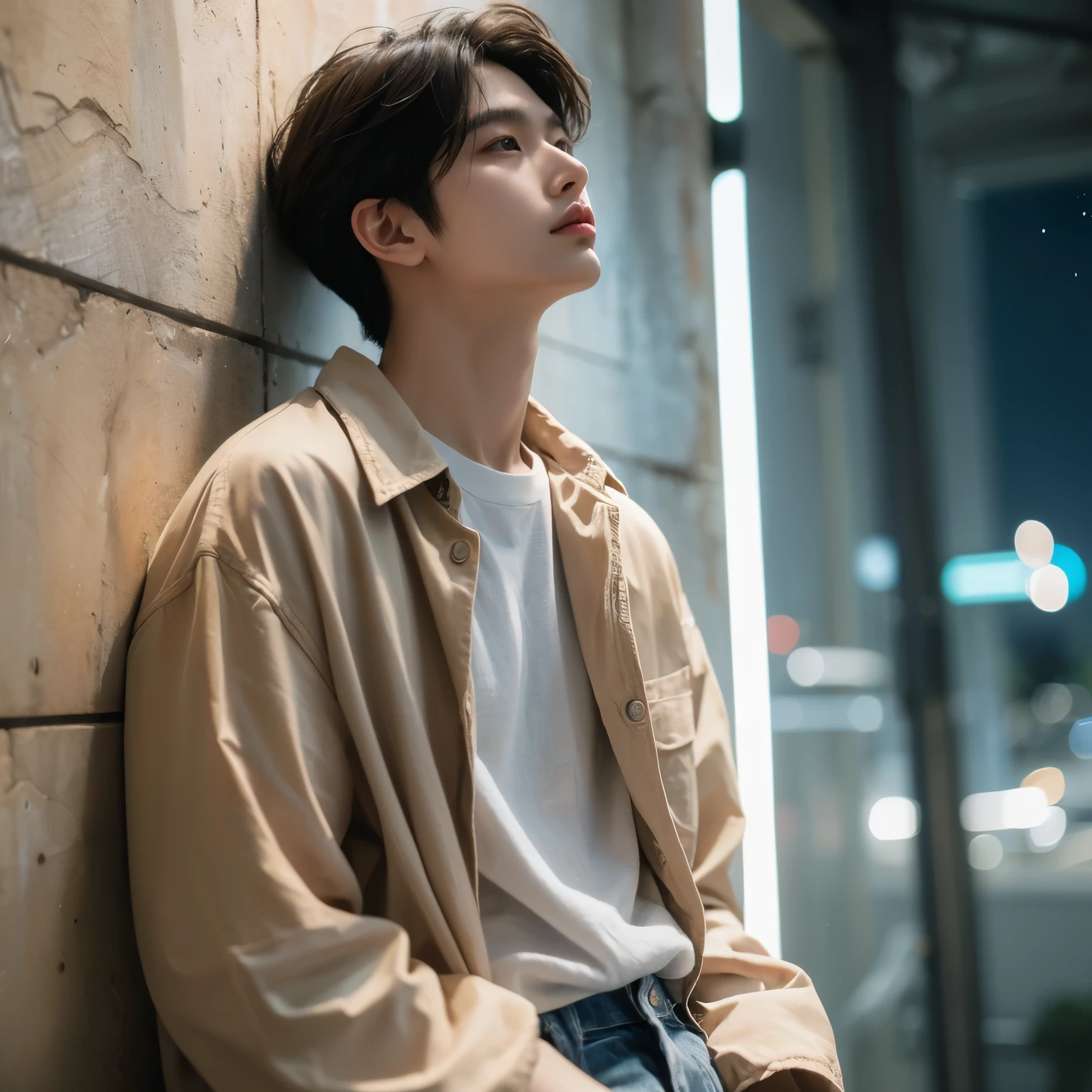 ((highest quality, 8K, masterpiece: 1.3)), Best quality, masterpiece, ultra high res, (photorealistic: 1.4), raw photo, cinematic lighting, a young Korean man, 25 years old, wearing casual clothes, neat medium hair, leaning against the wall, facing the beautiful night sky, looks like he is contemplating, above the sky there are stars, facing sideways