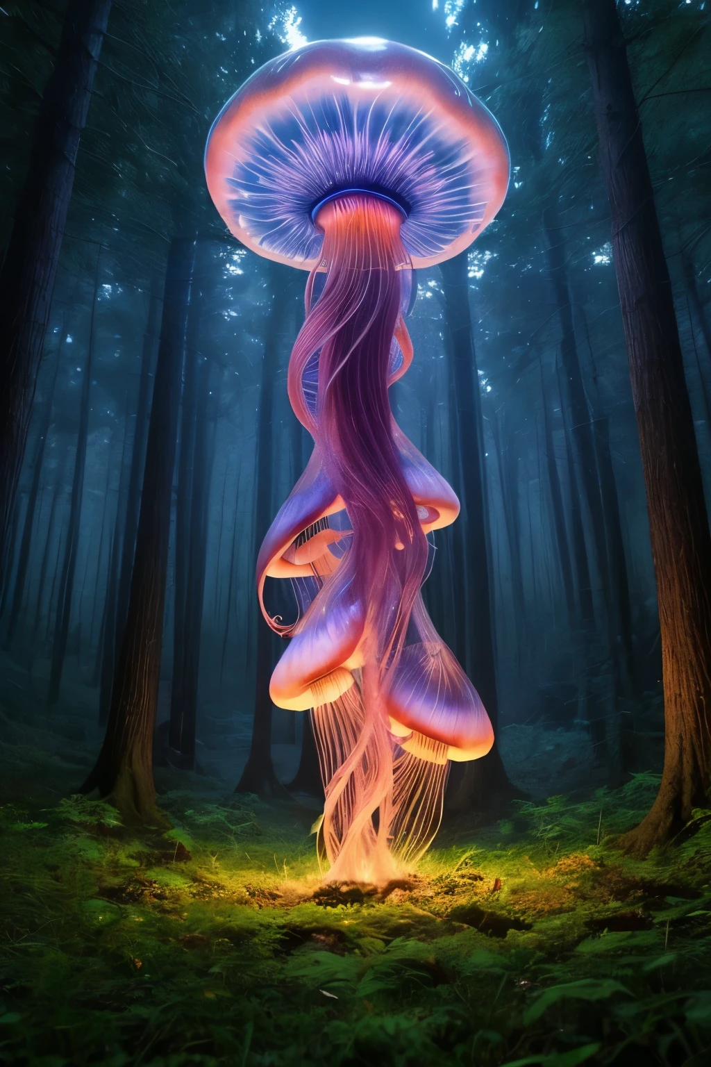 A jellyfish forest with mushrooms glowing in the dark, a forest fantasy in a nature scenery