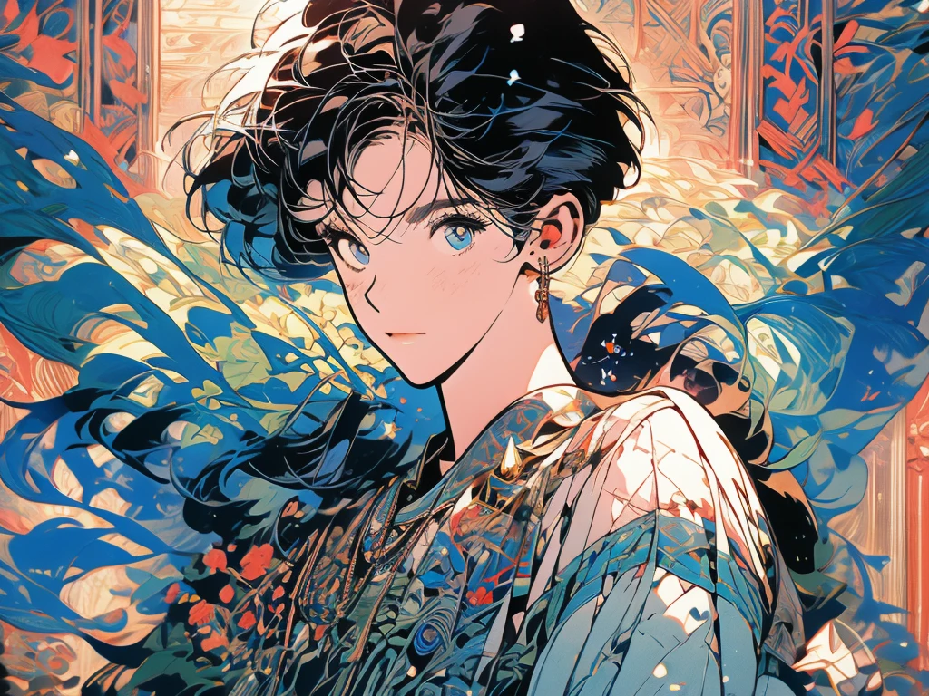 8k.Alphonse Mucha風のポスターイラスト, Two-dimensional painting, beautiful nordic woman、,Just like the whole body,thin, Art Nouveau, Background plants,C cup breasts、 Tabletop, Alphonse Mucha,Blue clematis、 Attention to detail
