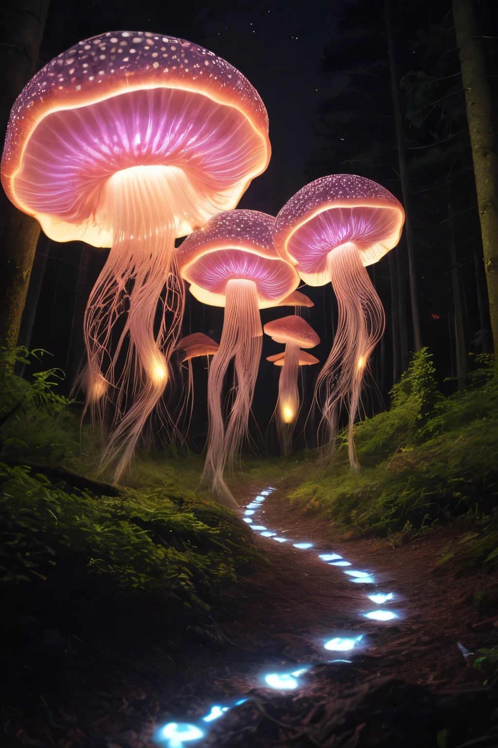 A jellyfish forest with mushrooms glowing in the dark, a forest fantasy in a nature scenery