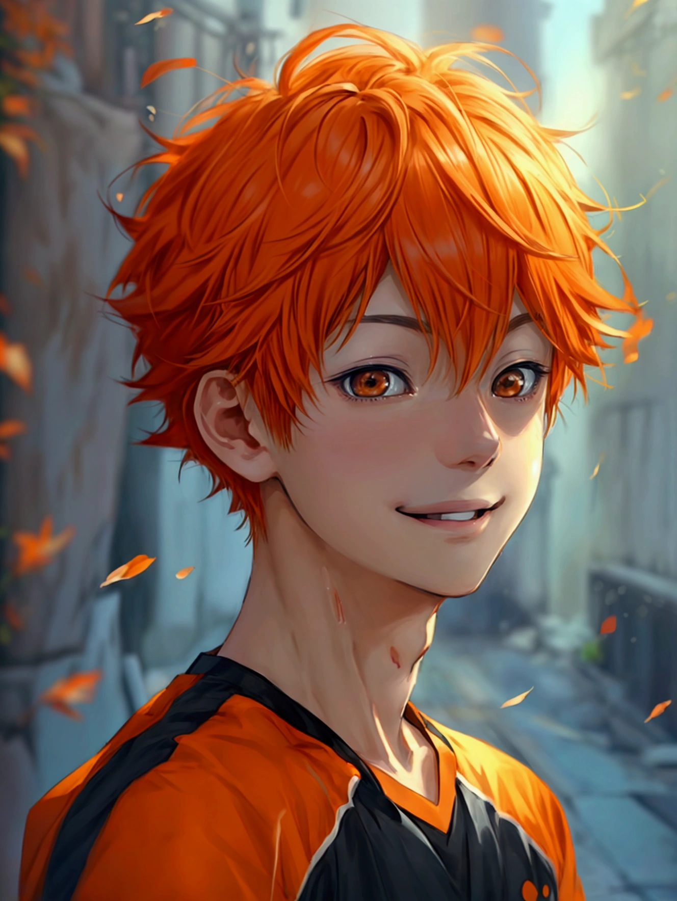 (Very realistic、concentrated、High resolution、Detailed face、Detailed Hair、Fine particles)、Official Art、Hinata Shoyang、 wallpaper、((1 boy))、Bright orange short hair、Light brown eyes、smile、Photographed from the front、明るいsmile、Orange Hair Color、日本のanime スタイル、anime 、T-Shirts、gym、