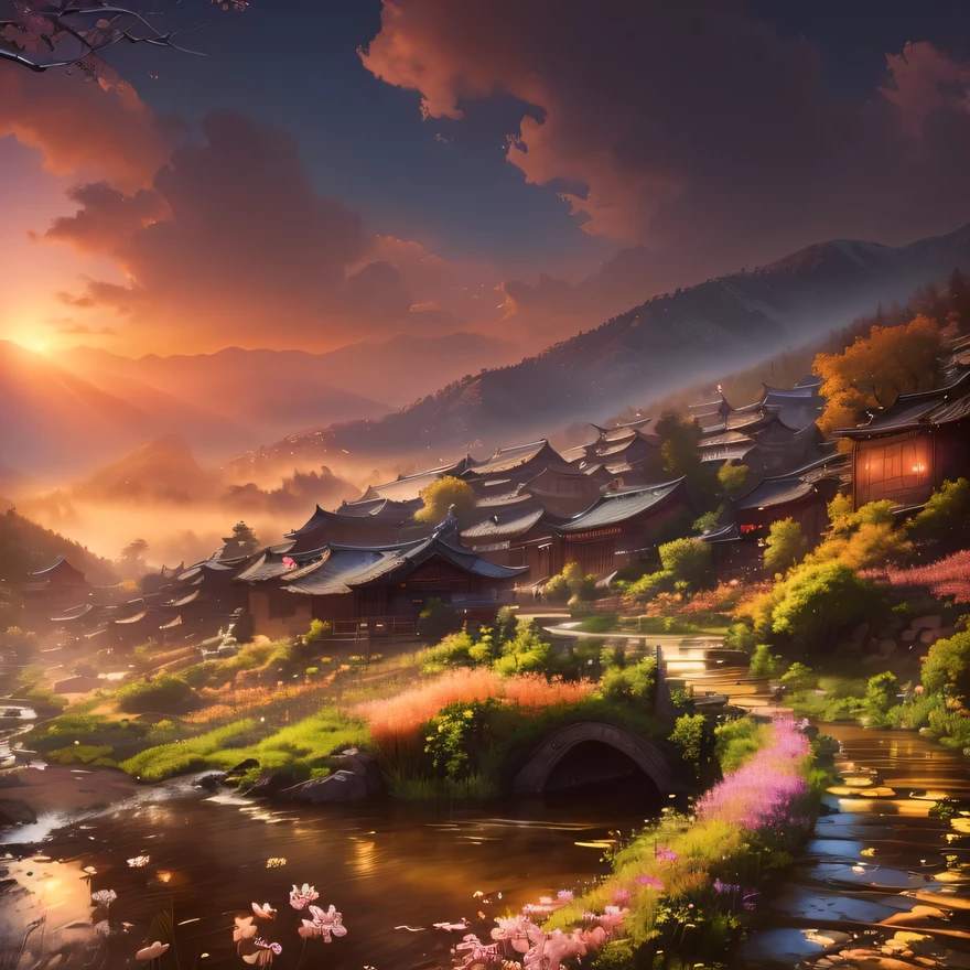 There is a small stream flowing through the valley，There are houses next to it, China Village, Landscape Wallpaper, old asian village, Dreamy Chinatown, Amazing wallpapers, HD Wallpapers, Landscape Wallpaper, High quality desktop wallpaper, Beautiful wallpapers, 4 k HD Wallpapers very detailed, 4k highly detailed digital art, Beautiful art UHD 4K, anime Landscape Wallpaper, Beautiful digital artwork