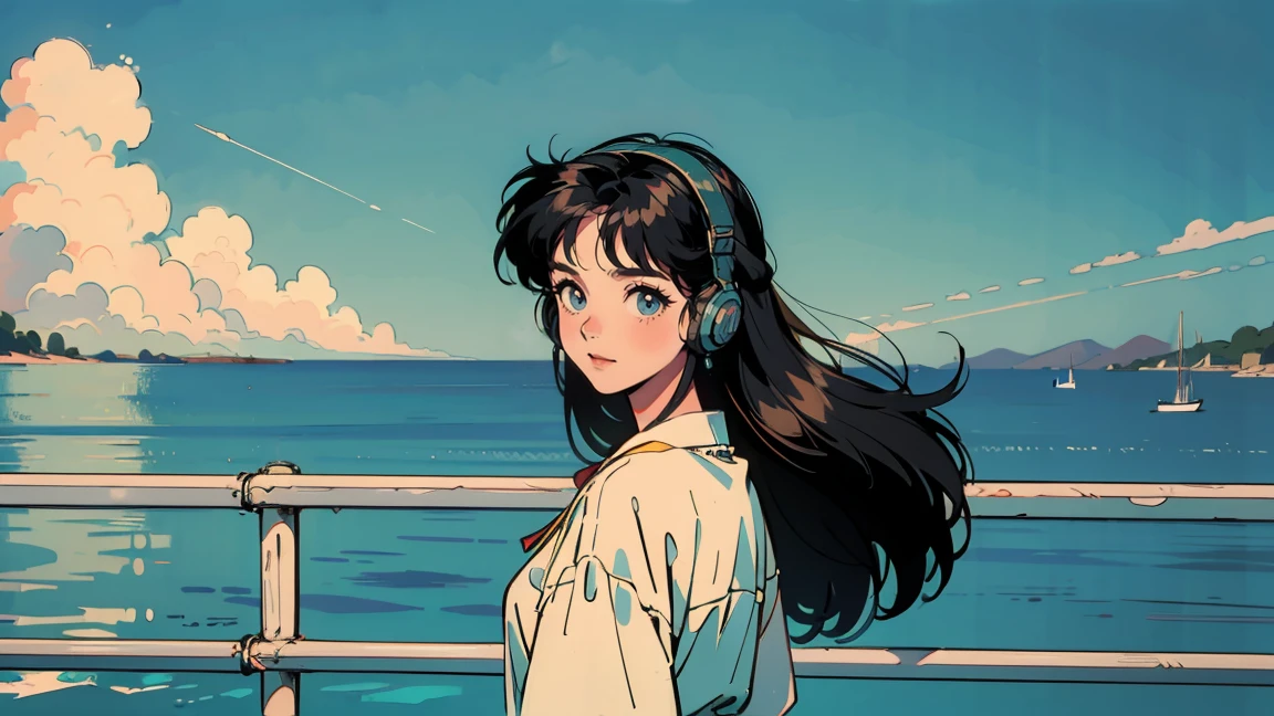 A coastal railway scene with a green and yellow tram stopped at a crossing. Blue sea and sky with white clouds in the background. In the foreground, a 21-year-old girl with long hair in 1980s style, wearing white clothes that beautifully contrast with the blue sky. She's wearing headphones and looking back towards the viewer, standing in front of the tram. The overall color palette has a retro, nostalgic feel.