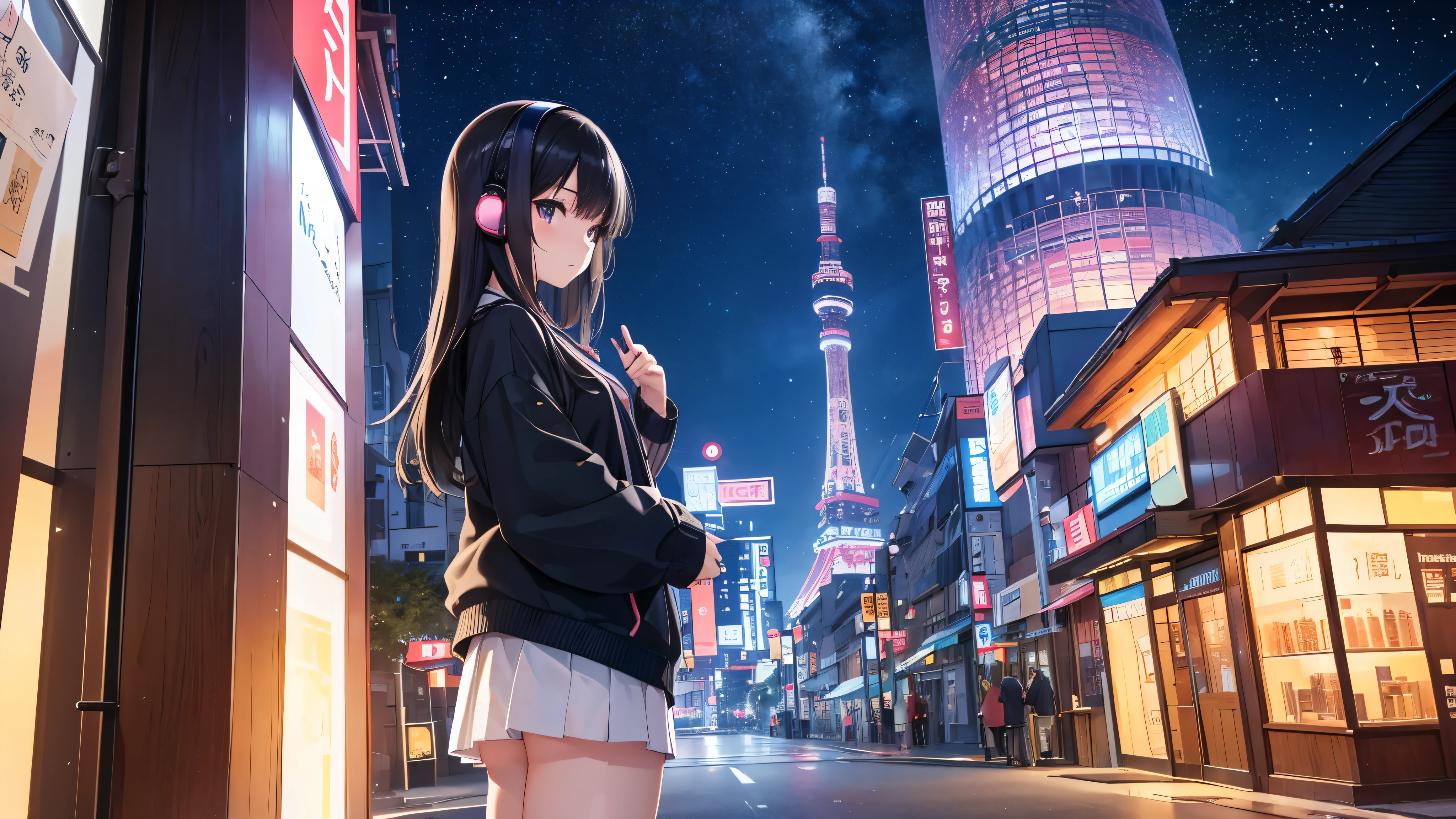 Standing at the entrance to Tsutenkaku Tower in Shinsekai, Osaka。A young girl with black hair wearing stylish clothes and headphones labeled "lo-fi"
The girl is shown in profile, gazing into the distance with a calm, relaxed expression
Background depicts the iconic scenery of Namba, Osaka at night, without any text on signs
A starry night sky adding to the peaceful atmosphere
Overall mood is quiet and serene, perfect for lo-fi music
Detailed hair rendering and careful attention to the girl's fashionable outfit
The entire scene should evoke a relaxing, introspective feeling associated with lo-fi music