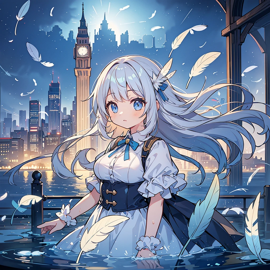 absurd, high resolution,, (1 Girl, Solitary), big eyes,, city View,, (Water Effects, Lighting Effects, Feathers Flying:1.2),