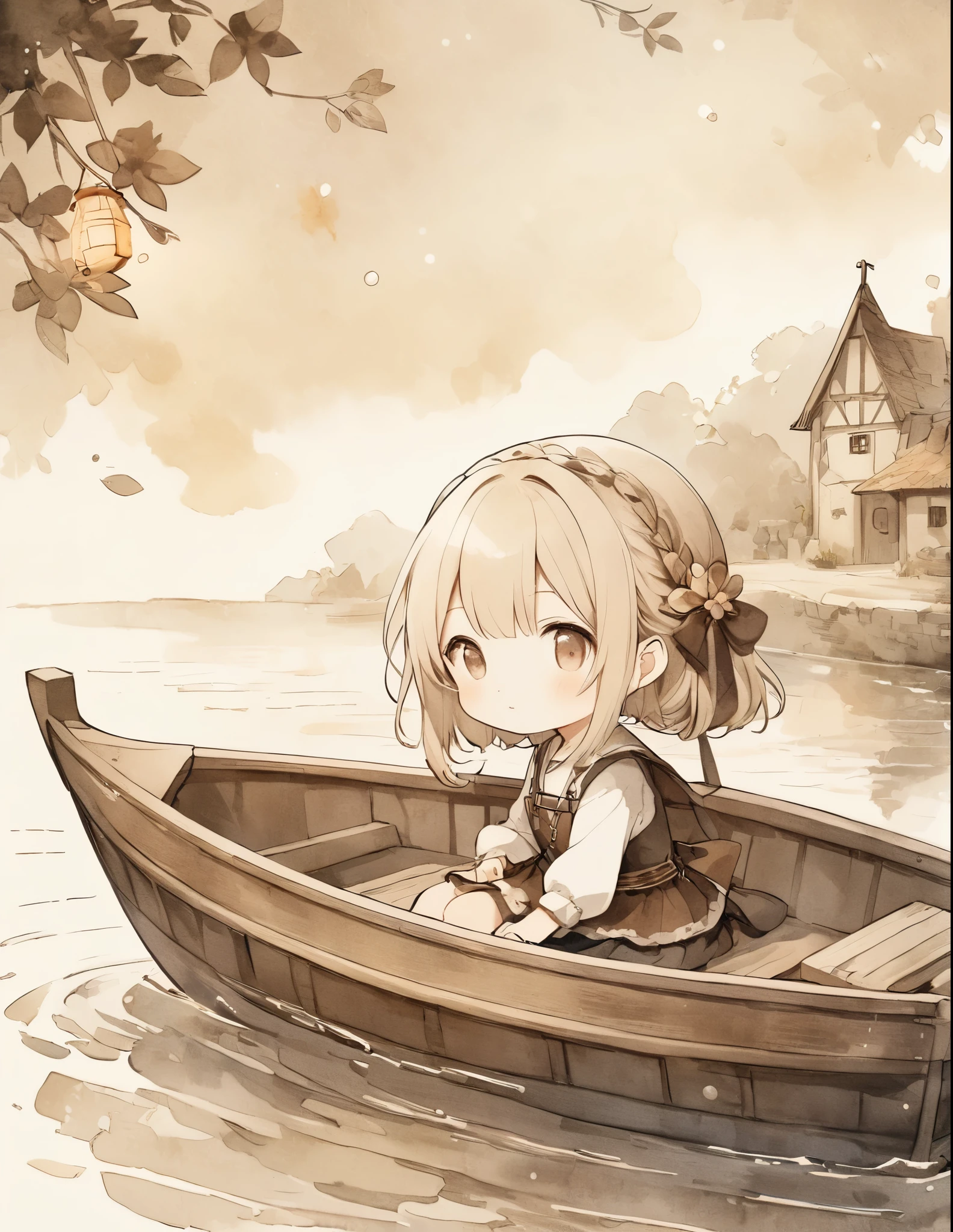 Written on old parchment、Sepia watercolor style illustration。There were stains here and there、Vintage textured paper。A medieval stream、It depicts a pretty girl rowing a small boat.。There is a lantern on the bow of the boat.、There is a faint light。The overall work has an anime-like and cute atmosphere.。The contrast between the old texture and the cute illustration style is appealing.。