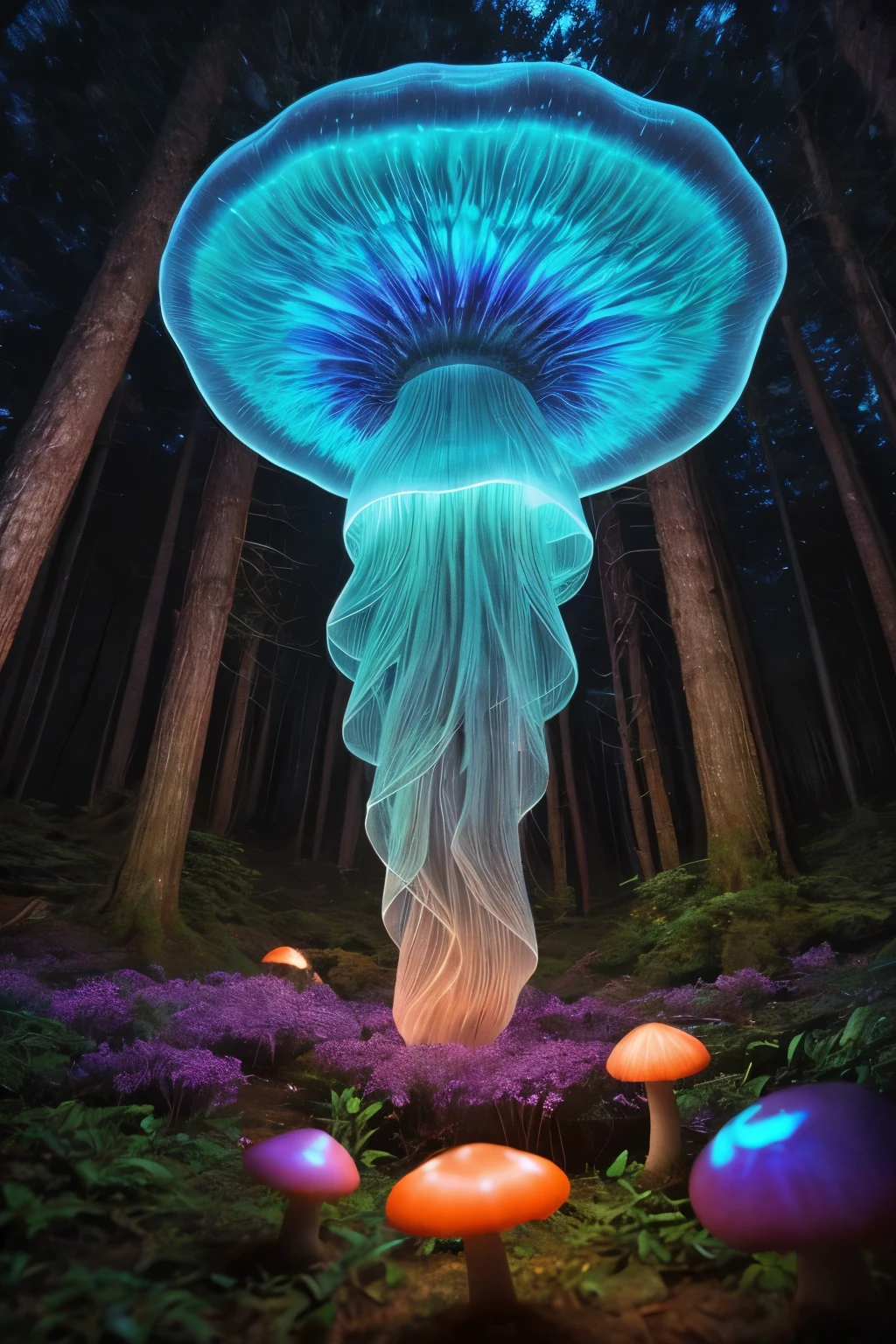 A jellyfish forest with mushrooms glowing in the dark, a forest fantasy in a nature scenery