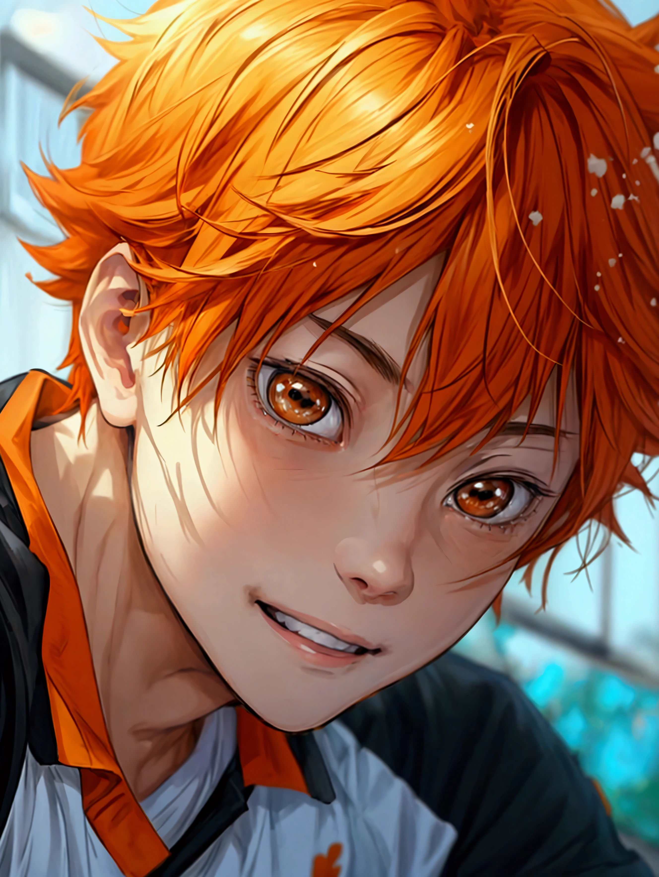 (Very realistic、concentrated、High resolution、Detailed face、Detailed Hair、Fine particles)、Official Art、Hinata Shoyang、 wallpaper、((1 boy))、Bright orange short hair、Light brown eyes、smile、Photographed from the front、明るいsmile、Orange Hair Color、日本のanime スタイル、anime 、Volleyball Uniforms、gym、