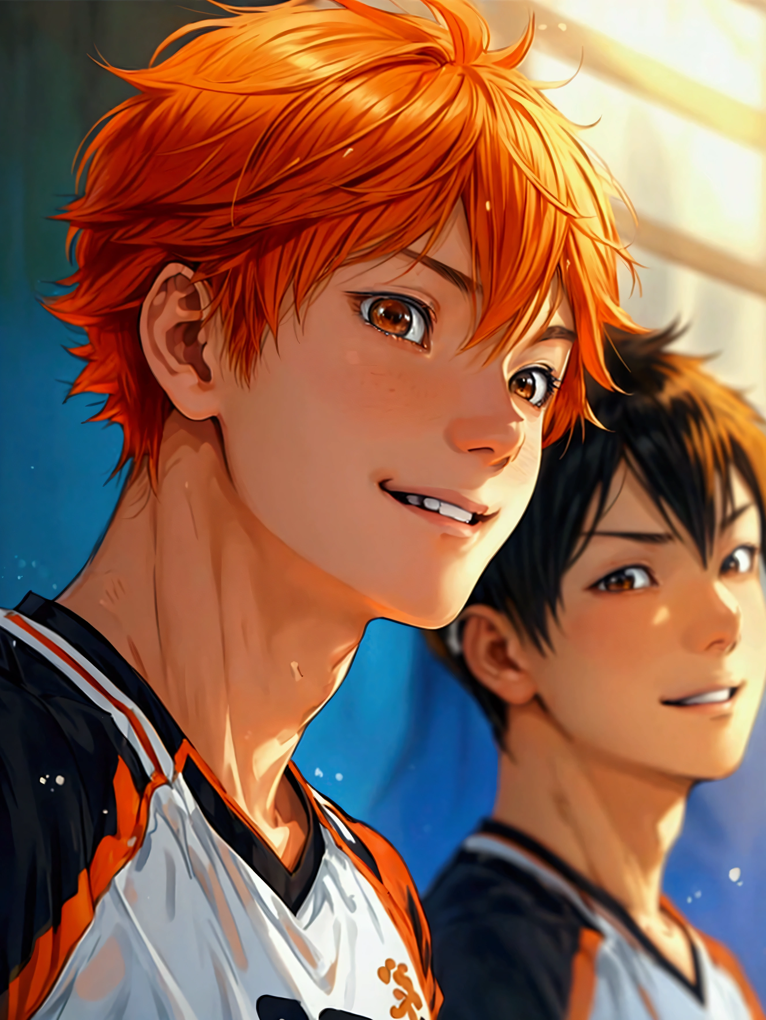 (Very realistic、concentrated、High resolution、Detailed face、Detailed Hair、Fine particles)、Official Art、Hinata Shoyang、 wallpaper、((1 boy))、Bright orange short hair、Light brown eyes、smile、Photographed from the front、明るいsmile、Orange Hair Color、日本のanime スタイル、anime 、Volleyball Uniforms、gym、