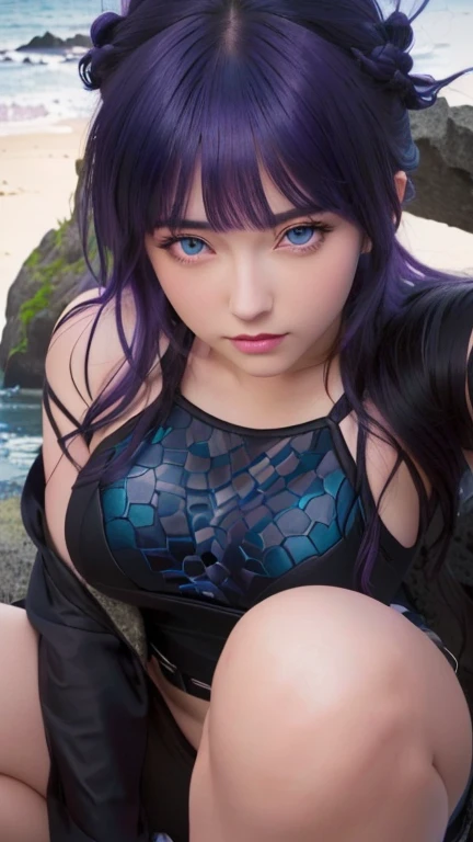 girl with purple hair and blue eyes sitting on a rock, hinata hyuga, hinata hyuga from naruto, nico robin, extremely detailed artgerm, ilya kuvshinov. 4 k, style artgerm, seductive  girl, detailed digital  art, the dragon girl portrait, artgerm style