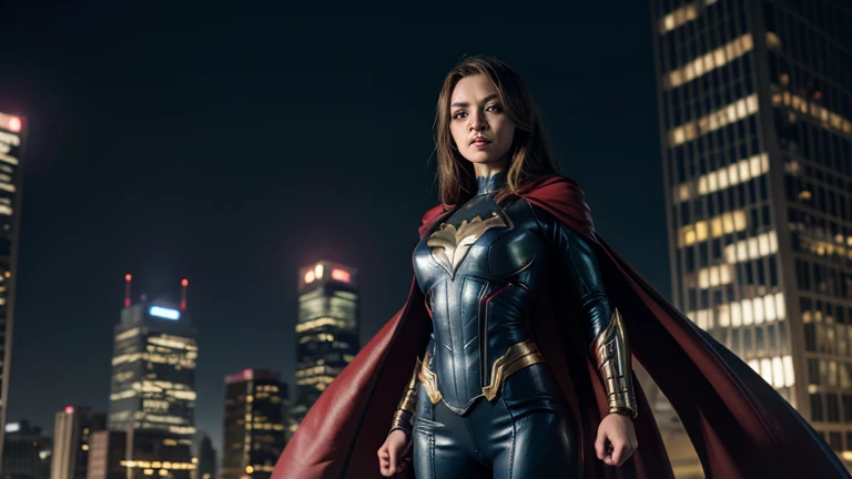 Create a very realistic woman, very similar to the superhero Marvel from Marvel Comics, standing, with a night city background