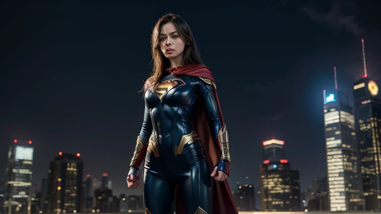 Create a very realistic woman, very similar to the superhero Marvel from Marvel Comics, standing, with a night city background