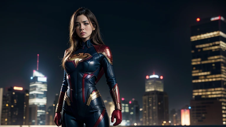 Create a very realistic woman, very similar to the superhero Marvel from Marvel Comics, standing, with a night city background