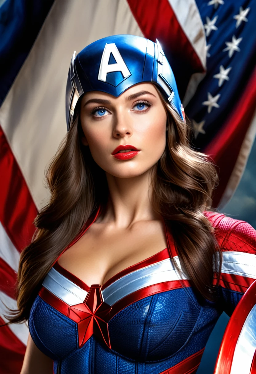 female capitan america from marvel, long brunette hair, blue eyes, stunning body, high detail, American propaganda poster, Realism, Hyperrealism, cinematic lighting, masterpiece, high quality, 4K