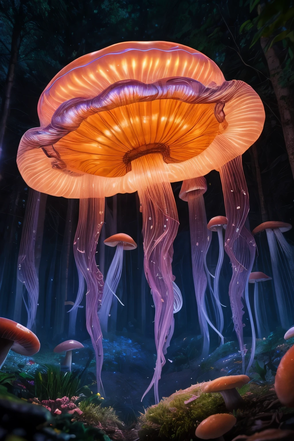 A jellyfish forest with mushrooms glowing in the dark, a forest fantasy in a nature scenery