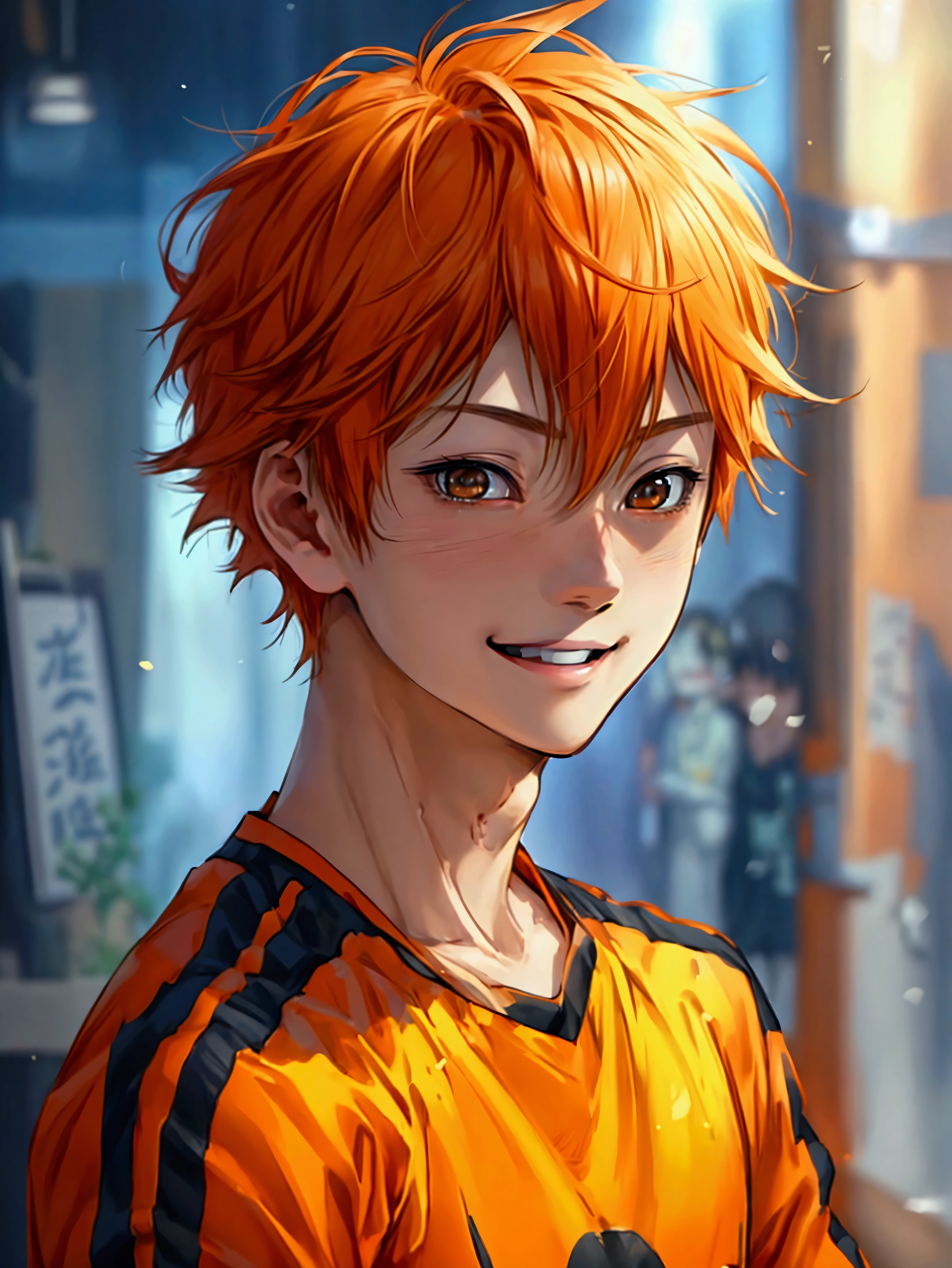 (Very realistic、concentrated、High resolution、Detailed face、Detailed Hair、Fine particles)、Official Art、Hinata Shoyang、 wallpaper、((1 boy))、Bright orange short hair、Light brown eyes、smile、Photographed from the front、明るいsmile、Orange Hair Color、日本のanime スタイル、anime 、T-Shirts、gym、