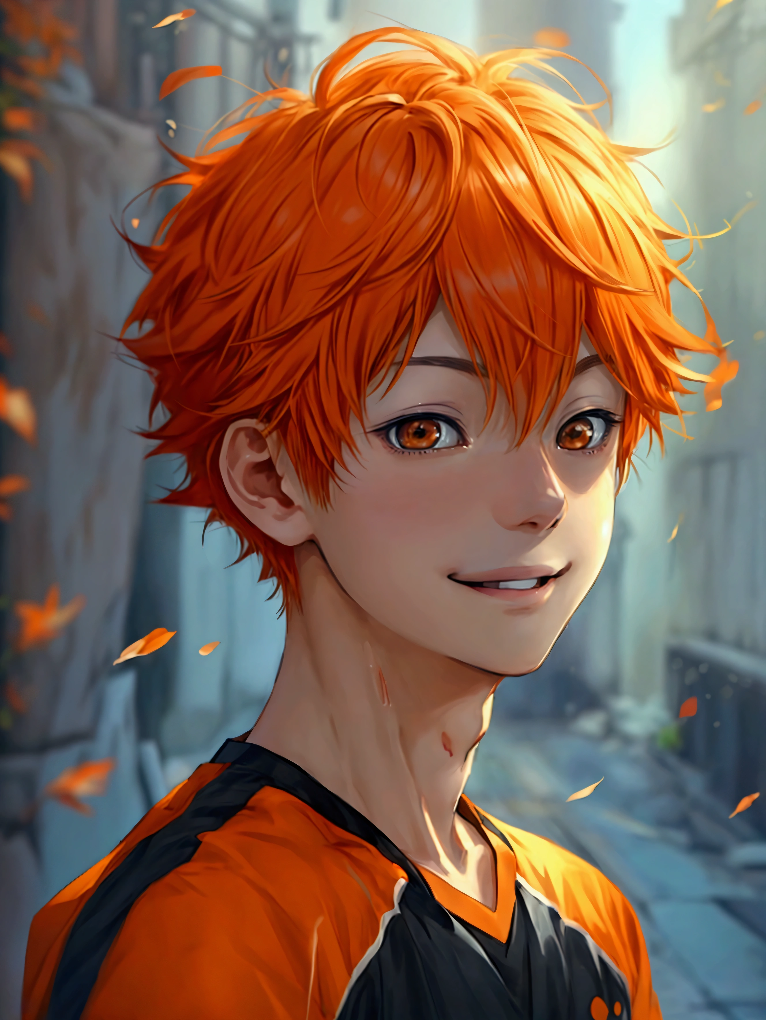 (Very realistic、concentrated、High resolution、Detailed face、Detailed Hair、Fine particles)、Official Art、Hinata Shoyang、 wallpaper、((1 boy))、Bright orange short hair、Light brown eyes、smile、Photographed from the front、明るいsmile、Orange Hair Color、日本のanime スタイル、anime 、T-Shirts、gym、