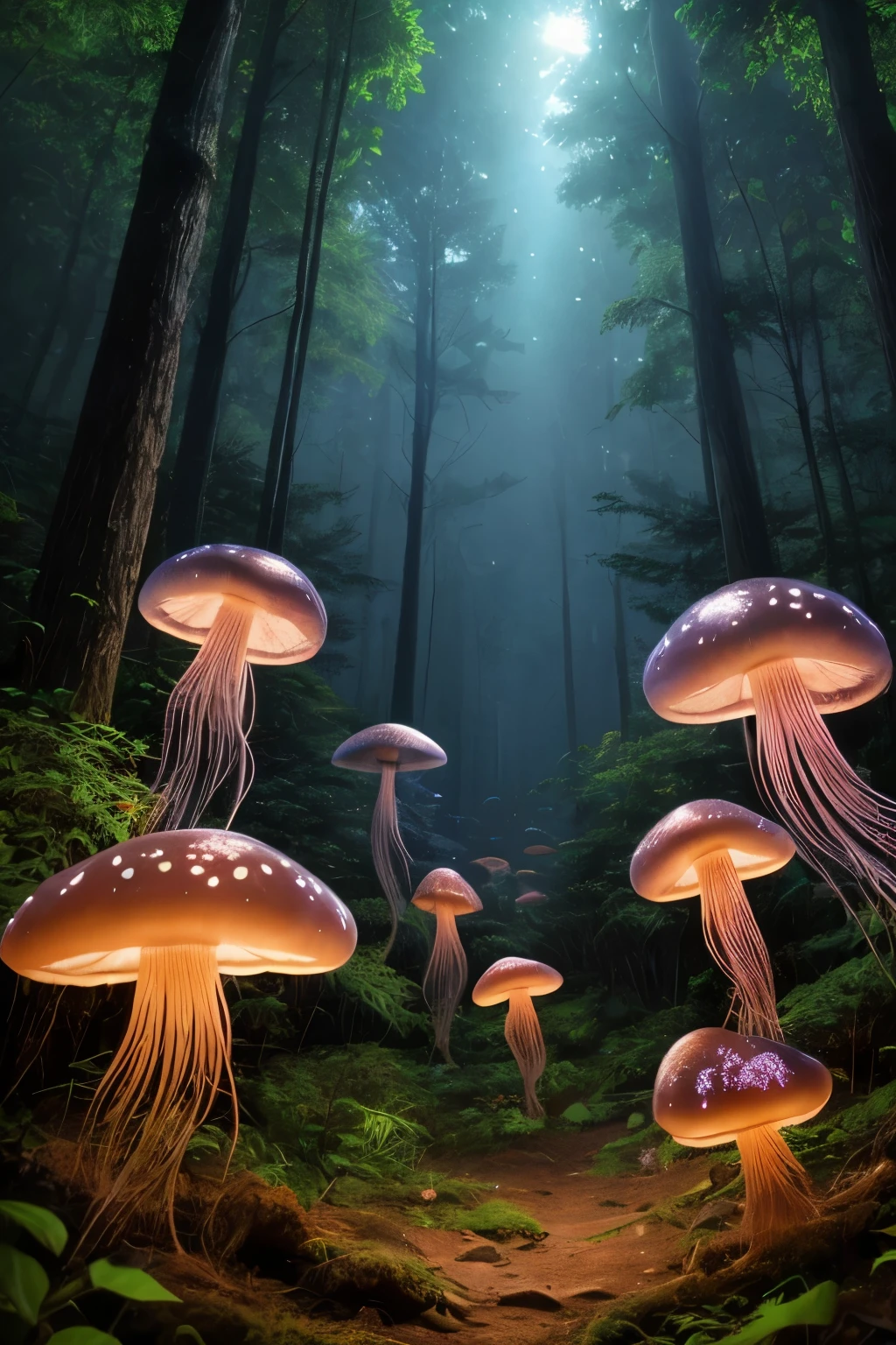 A jellyfish forest with mushrooms glowing in the dark, a forest fantasy in a nature scenery