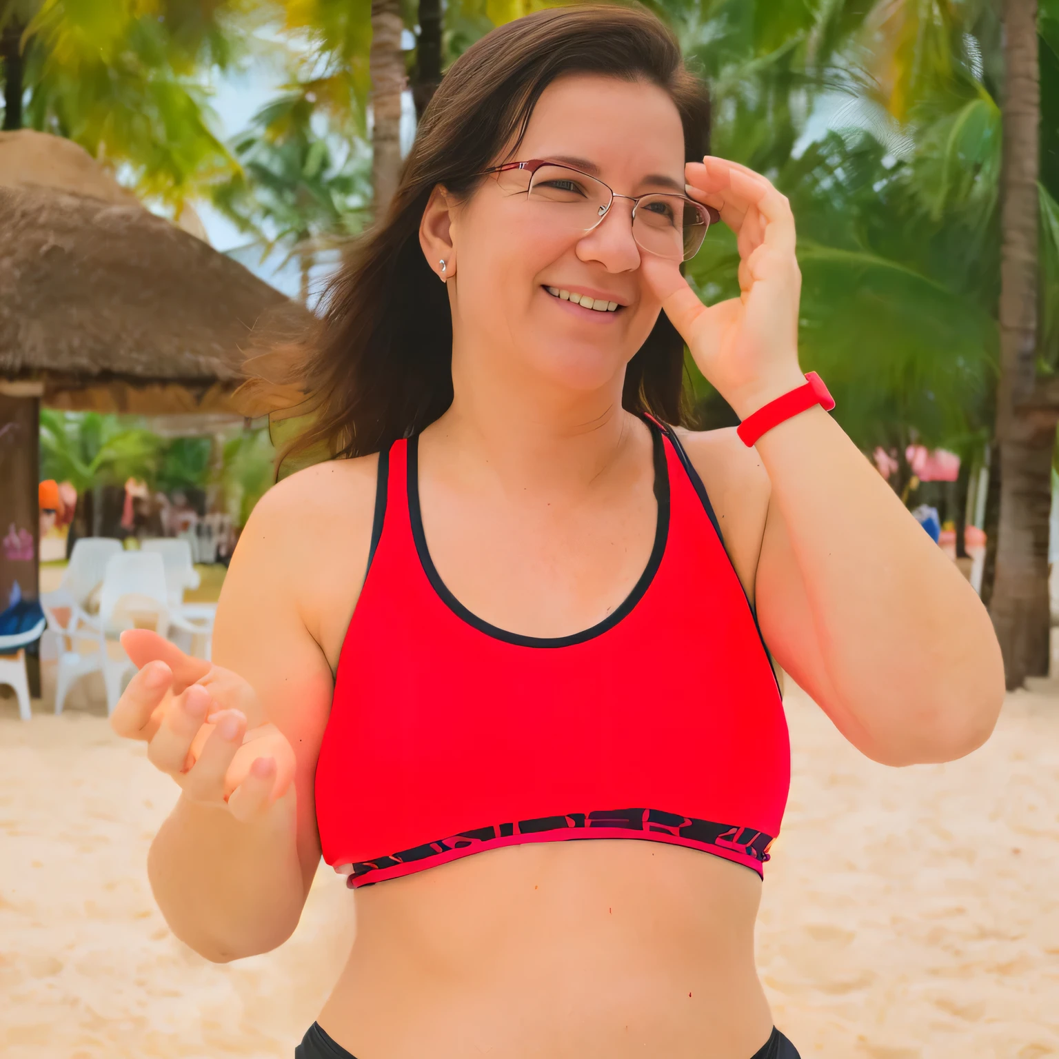 woman in red sports bra top on beach with palm trees, her face flushing and sweat, sandra chevier, wearing red tainted glasses, belly button showing, dancing on a tropical beach, at a tropical beach, vacation photo, sweaty 4 k, her belly button is exposed, posing on a beach with the ocean, at a beach, wearing two - piece swimsuit