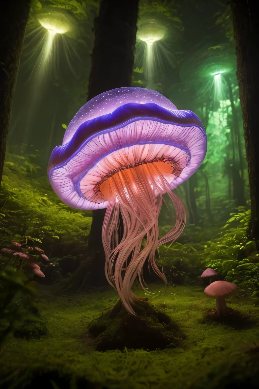 A jellyfish forest with mushrooms glowing in the dark, a forest fantasy in a nature scenery