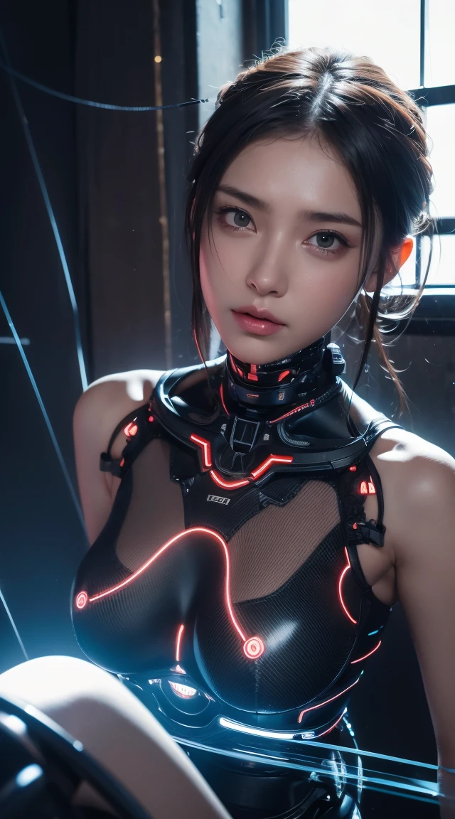 1. Machine Girl,((Ultra-Realistic Details)), Portraiture, Global Illumination, Shadow, Octane Rendering, 8k, Ultra Sharp,Metal,Complex, Decorations detailed, Cool colors, More about Egypt, highly Complex details, Realistic Light, Trending on CGSociety, Glowing Eyes, To the camera, Neon Details, Mechanical limbs,Blood vessels connected to tubes,Mechanical vertebrae attached to the back,Cervical vertebrae mechanically attached to the neck,Sitting,Wires and cables connecting to the head