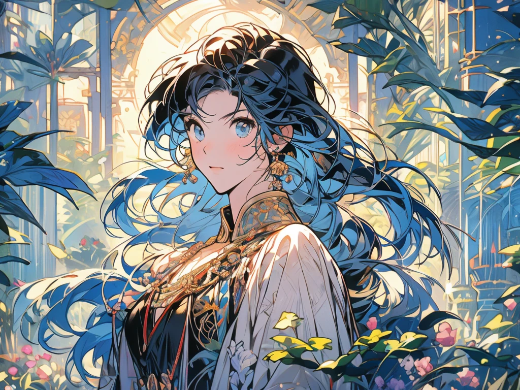 8k.Alphonse Mucha風のポスターイラスト, Two-dimensional painting, goddess、,Just like the whole body,thin, Art Nouveau, Background plants,C cup breasts、 Tabletop, Alphonse Mucha,Blue clematis、 Attention to detail