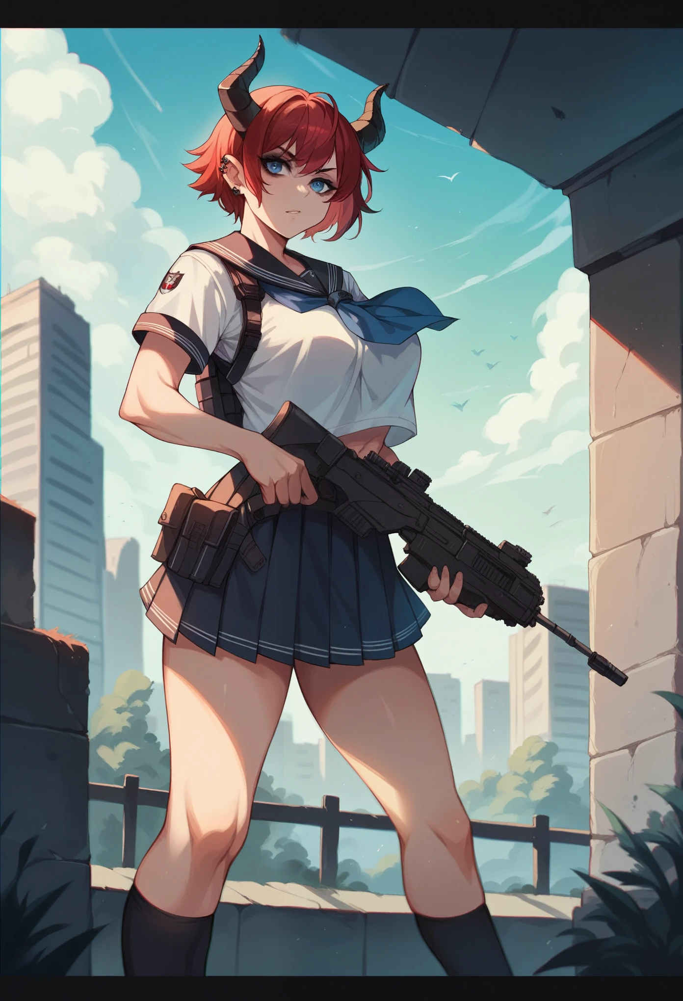 (((masterpiece))), emo eyeliner and piercings, athletic build, demon horns, school sailor uniform, large breasts, tactical vest and gear, oversized tactical cleaver, short red hair, blue eyes, cityscape background, chromatic aberration