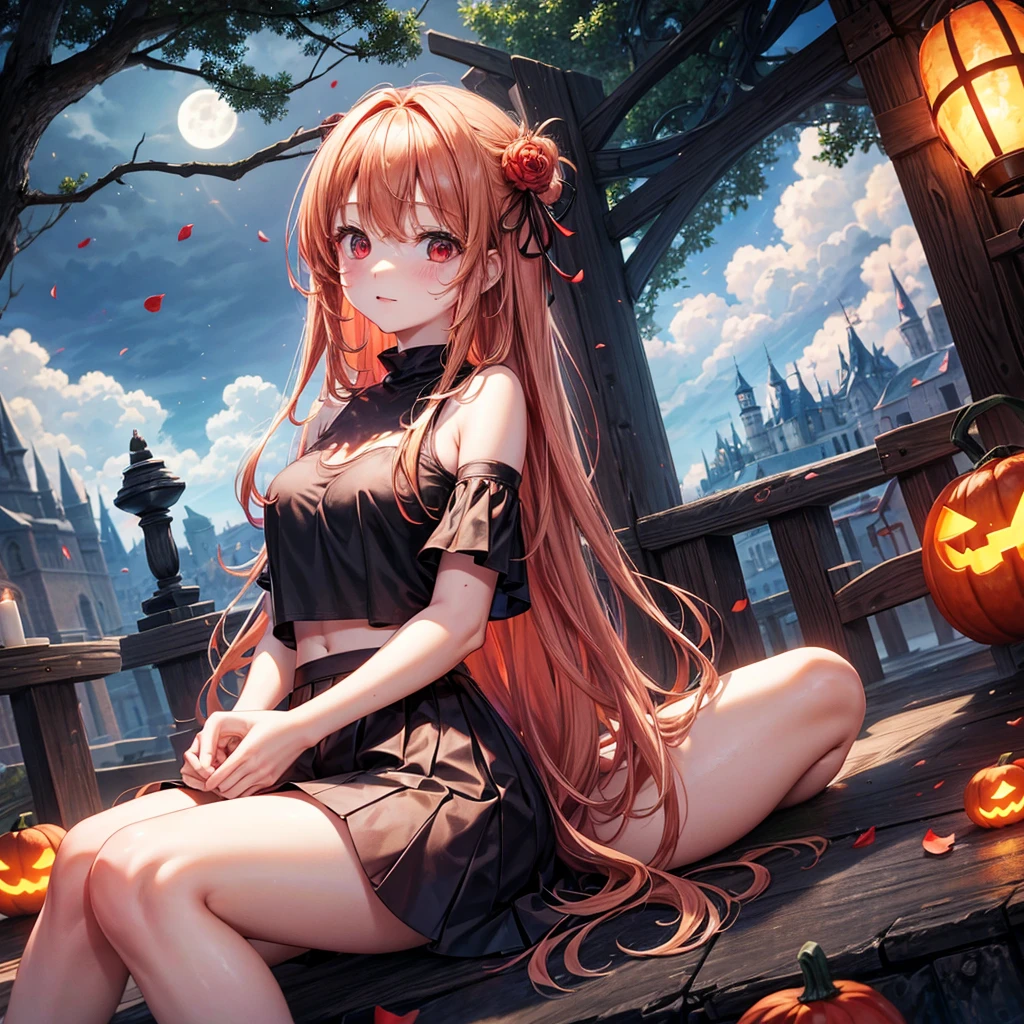 Red-blonde、Red eyes、One cute girl、solo、And soul、Light clothing、Checked mini skirt、petal、Wet hair、Sit on、black t-shirts、large tree、cloud、full moon、monster castle、Lantern in the shape of a pumpkin、Hell's Gate、armor、barefoot、Stones are piled up、Teeth are visible、Secret Treasure、Wooden chair、Moss grows、Fortress City、water is gushing out、Lightning strikes、Tilting face