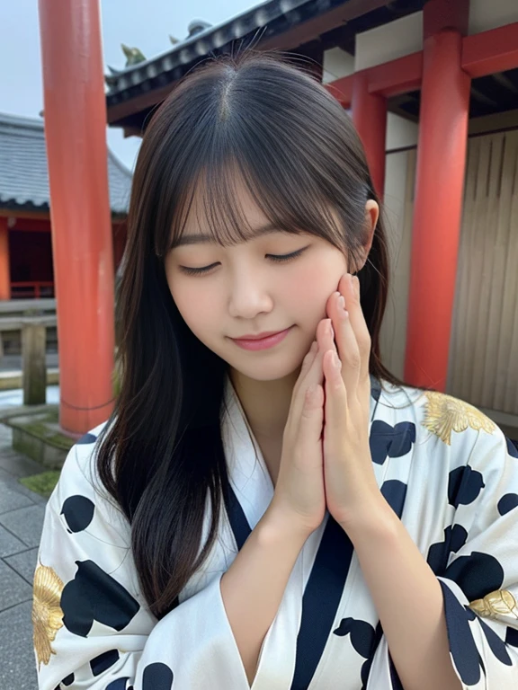 (Dressed in beautiful and colorful kimonos、Close-up portrait of a long-haired woman with blunt bangs:1.5)、(A woman praying with her eyes closed in front of a shrine offering box:1.5)、(Offering box at a Japanese shrine under the winter sky:1.5)、(Perfect Anatomy:1.3)、(No mask:1.3)、(Full Finger:1.3)、Age 34、Slightly upturned、Sexy married woman style、cute、Realistic、photograph、Tabletop、Highest quality、High resolution, Delicate and beautiful、Perfect Face、Beautiful attention to detail、Fair skin、Real human skin、pores、((Thin legs))、(Black Hair)、(zoom)
