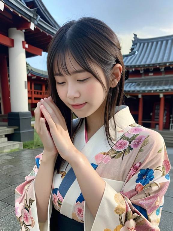 (Dressed in beautiful and colorful kimonos、Close-up portrait of a long-haired woman with blunt bangs:1.5)、(A woman praying with her eyes closed in front of a shrine offering box:1.5)、(Offering box at a Japanese shrine under the winter sky:1.5)、(Perfect Anatomy:1.3)、(No mask:1.3)、(Full Finger:1.3)、Age 34、Slightly upturned、Sexy married woman style、cute、Realistic、photograph、Tabletop、Highest quality、High resolution, Delicate and beautiful、Perfect Face、Beautiful attention to detail、Fair skin、Real human skin、pores、((Thin legs))、(Black Hair)、(zoom)