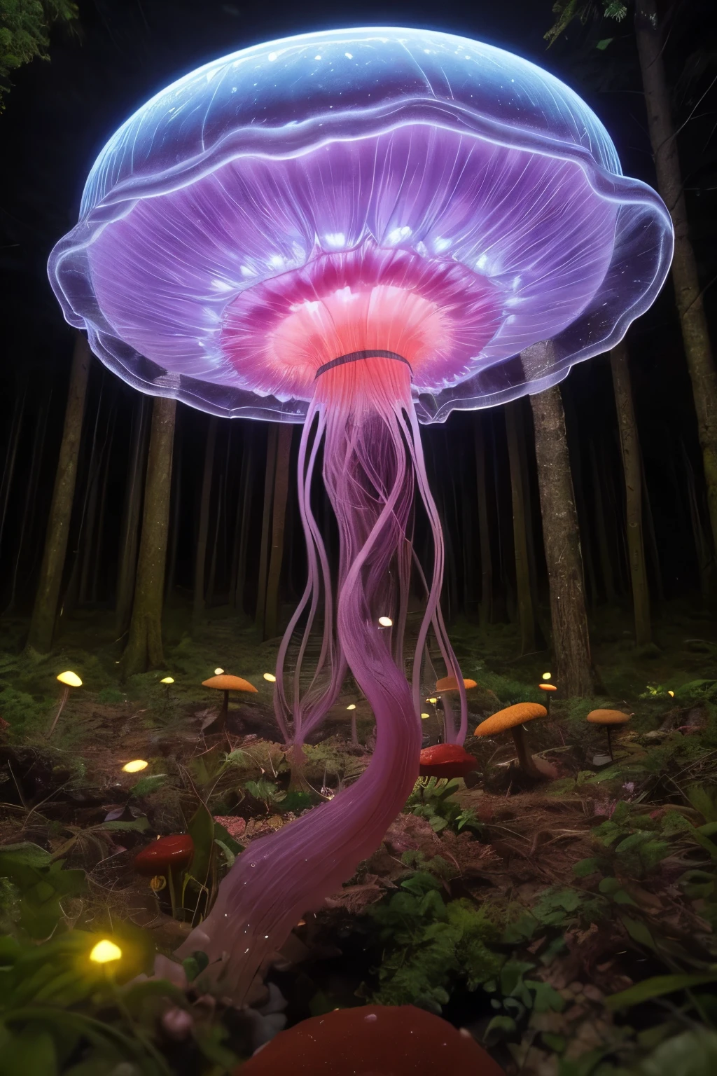 A jellyfish forest with mushrooms glowing in the dark, a forest fantasy in a nature scenery, lots of small jellyfish