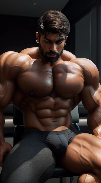 An award-winning original photo, Pain is raging on the face, screaming with pain  and making aggressive face expressions with eyes closed, the head is tilted back  A wild handsome muscular indian man,( 20 years old:1.3), 1boy, Solo, (), (tight underwear), sitting on chair in luxury office, from Front view, black hair, (big shoulders), musculature, stubbles, beard, earstuds, Beautiful eyes:1.3, ), (Detailed face:1.3), dimples, (holded penis), Dynamic front Angle view, volumetric lighting, (Best quality, A high resolution, Photorealistic), Cinematic lighting, Masterpiece, RAW photo, Intricate details, hdr, depth of field, upper body, His perfect huge bulge,masterpieces 