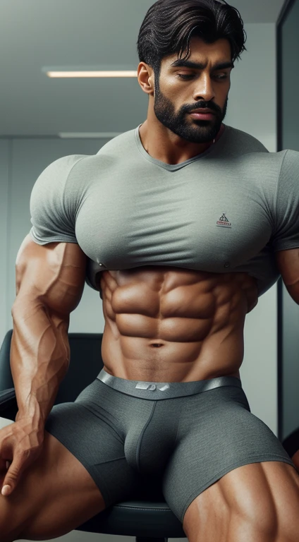 An award-winning original photo, Pain is raging on the face, screaming with pain  and making aggressive face expressions with eyes closed, the head is tilted back  A wild handsome muscular indian man,( 20 years old:1.3), 1boy, Solo, (), (tight underwear), sitting on chair in luxury office, from Front view, black hair, (big shoulders), musculature, stubbles, beard, earstuds, Beautiful eyes:1.3, ), (Detailed face:1.3), dimples, (holded penis), Dynamic front Angle view, volumetric lighting, (Best quality, A high resolution, Photorealistic), Cinematic lighting, Masterpiece, RAW photo, Intricate details, hdr, depth of field, upper body, His perfect huge bulge,masterpieces 