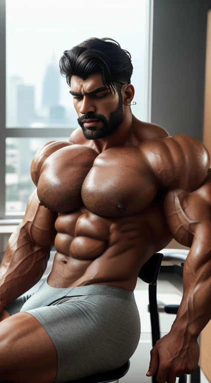 An award-winning original photo, Pain is raging on the face, screaming with pain  and making aggressive face expressions with eyes closed, the head is tilted back  A wild handsome muscular indian man,( 20 years old:1.3), 1boy, Solo, (), (tight underwear), sitting on chair in luxury office, from Front view, black hair, (big shoulders), musculature, stubbles, beard, earstuds, Beautiful eyes:1.3, ), (Detailed face:1.3), dimples, (holded penis), Dynamic front Angle view, volumetric lighting, (Best quality, A high resolution, Photorealistic), Cinematic lighting, Masterpiece, RAW photo, Intricate details, hdr, depth of field, upper body, His perfect huge bulge,masterpieces 