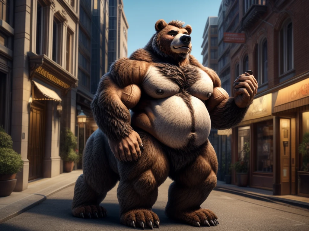 furry, fur taur, beartaur, middle-age, solo,1man, muscular man, detailed face, bear ears, bear eyes(brown), bear nose(black), bear mouth, beard(grey), mature hair(grey), detailed arm, thick arm, muscular, thick hands(5 fingers), claws, detailed body belly, thick body, muscle belly(white), thick chest, chest hair(white), nipples, detailed taur body, thick taur body, thick bear paws, bear claws, thick bear tail, full body shot, standing in the city