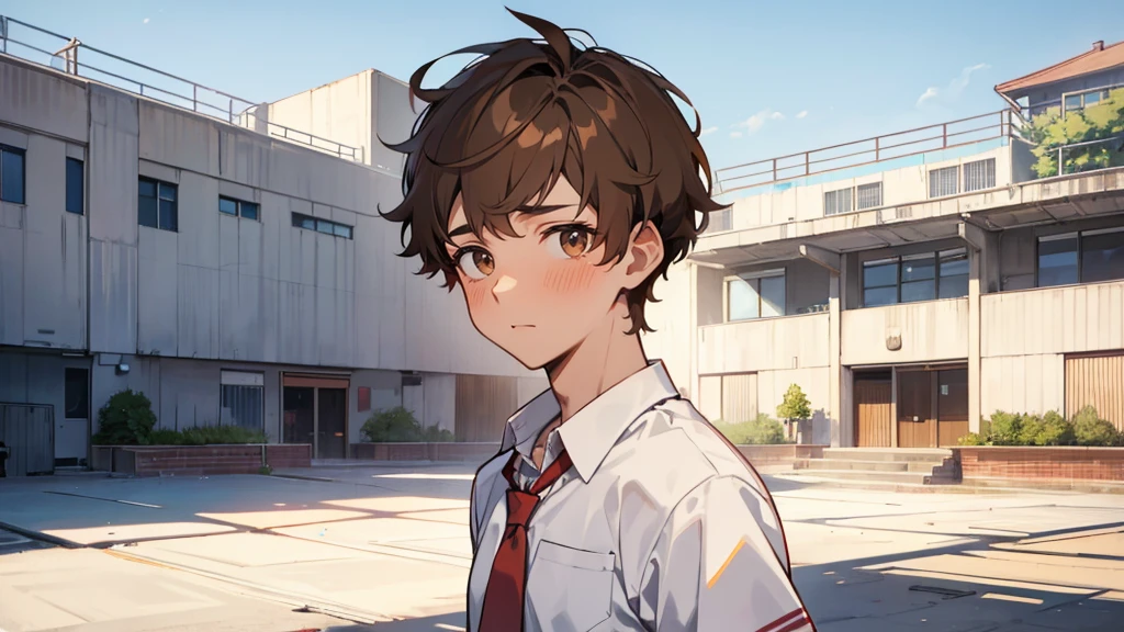The background is the back of a deserted gymnasium on a summer evening.、Upper body shot of one handsome high school boy、The high school boy has light brown hair, red cheeks, and is looking at me with a very embarrassed expression.、He is wearing his summer uniform and his tie is loose.